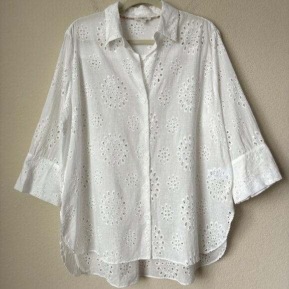 Umgee Tops - Umgee Boho Eyelet Cotton Crisp White Relaxed Fit Button Up Blouse Shirt Top